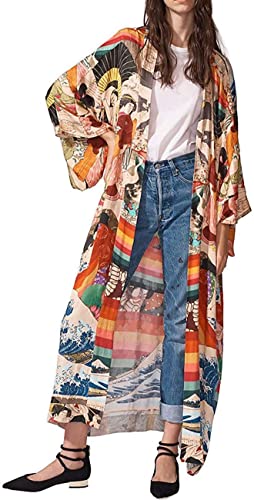 RanRui kimonos women‘s floral print plus size swimsuit cover ups fast dry long sleeve Loose open front bathing suit cover ups even kimonos robe dusters beach cover up with belt (281)