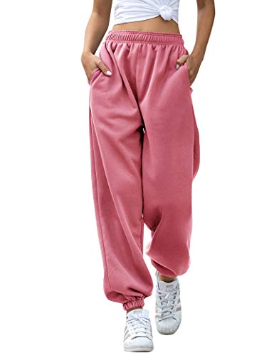 HeSaYep Women's High Waisted Sweatpants Workout Active Joggers Pants Baggy Lounge Bottoms,Pink Small