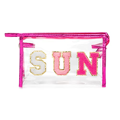 Y1tvei Preppy Patch SUN Varsity Letter Cosmetic Toiletry Bag Transparent PVC Zipper Makeup Bag Clutch Purse Portable Waterproof Travel Organizer Compliant Bag for Women Girls Teens(Rose Red)