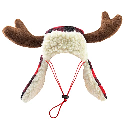 Huxley & Kent Pet Hat | Antler Buffalo Check (Large) | Festive Christmas Holiday Accessory for Dogs/Cats | Holiday Pet Hat | SnugFit Sliding Toggles for Best Fit