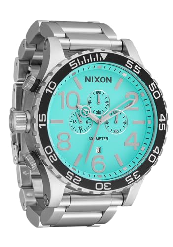 NIXON 51-30 Chrono A1389-300m Water Resistant Men's Analog Fashion Watch (51mm Watch Face, 25mm Stainless Steel Band) - Silver/Turquoise