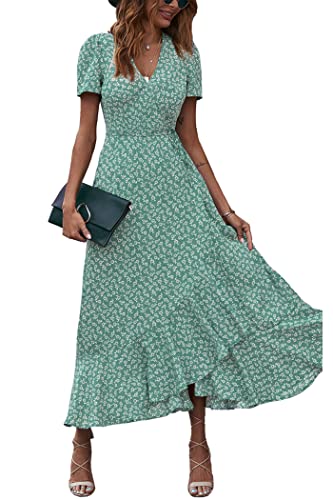 PRETTYGARDEN Women's Summer Wrap Maxi Dress Casual Boho Floral V Neck Short Sleeve Ruffle Hem Split Beach Long Dresses (Green,X-Large)