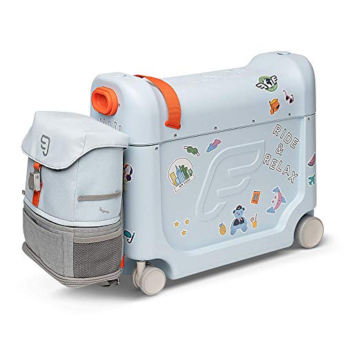 JetKids by Stokke Travel Bundle, Blue - Includes Kid’s Ride-On Suitcase & In-Flight Bed + Adjustable, Lightweight & Expandable Crew BackPack - Travel Essentials for Kids - Best for Ages 3-7