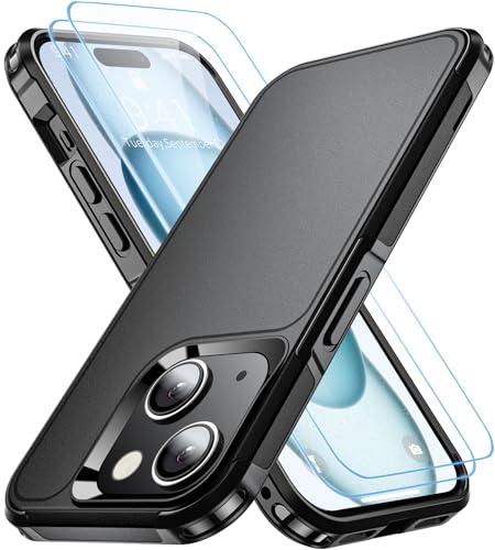 AEDILYS Shockproof for iPhone 15 Case,[15 FT Military Grade Drop Protection],with 2X [Tempered Glass Screen Protector ] with Air Bumpers Full-Body Protective Phone Case,Mysterious Black