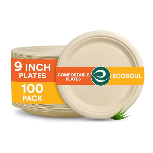 ECO SOUL 100% Compostable, Biodegradable, Disposable Bagasse Paper Plates | Heavy-Duty Eco-friendly Dinner Plates | Sturdy, Microwave & Oven Safe | Party, Wedding, Event Plates (100, 9' Round Plates)