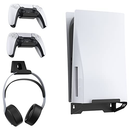 NexiGo Wall Mount Set for Playstation 5 (Disc & Digital), [Space Saving & Improved Airflow] Sturdy Steel Wall Stand Holder Mount PS5 Console Near or Behind TV w/Controller Holder & Headphone Hanger
