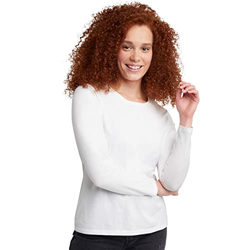 Hanes Women's Originals Long Sleeve Cotton T-Shirt, Lightweight Crewneck Tee, Modern Fit, White, Large