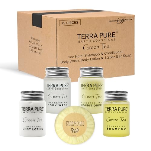 Terra Pure Hotel Soaps and Toiletries Bulk Set | 1-Shoppe All-In-Kit Amenities for Hotels | 1oz Hotel Shampoo & Conditioner, Body Wash, Body Lotion & 1.25oz Bar Soap Travel Size Toiletries | 75 Pieces