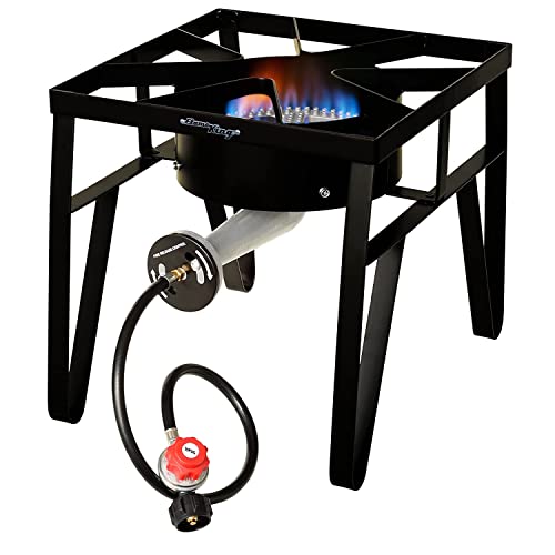 Flame King Heavy Duty 200K BTU, 0-20 PSI, Propane Gas Single Burner Bayou Cooker Outdoor Stove for Home Brewing, Turkey Fry, Maple Syrup Prep, Cajun Cooking, Black