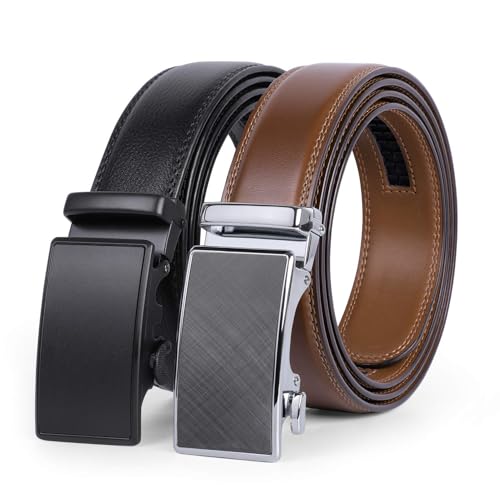 VONMELLI Belt Men 2 Pack, Adjustable Mens Belts Leather Ratchet Dress Belts for Men with Click Sliding Buckle in Gift Box, Trim to Fit