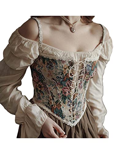 Women Vintage Floral Print Vest Sexy Bodycon Boat Neck Jacquard Camisole Flounce Irregular Suspender Corset (Colorful, Small)