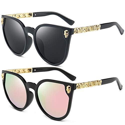 Dollger Womens Cateye Sunglasses Skull Design Big Frame Mirror Fashion Sunglasses Black and Pink