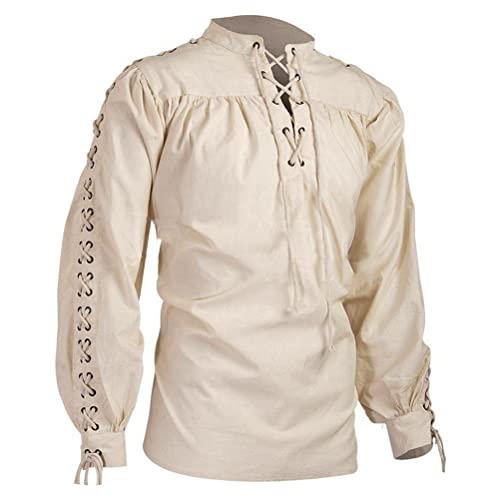 Men's Loose Linen Medieval Gothic Renaissance Shirt Long Sleeve Viking Pirate Mercenary Scottish Costume Beige, Large(Bust 44.0' to 45.5')