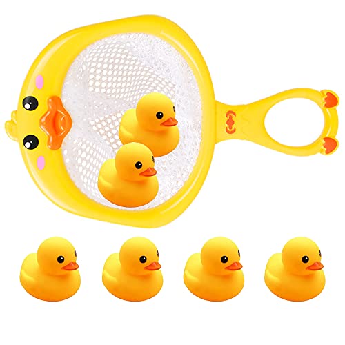 AIYUENCICI Bath Toy Baby Bathtub Duck Toy Set, 1 Pcs Ducky Animals Fishing Net with 6 Pcs Water Floating Sea Animals Duck Toys, Bathroom Floating Pool Fishing Play Set for Toddler Kids (Duck)