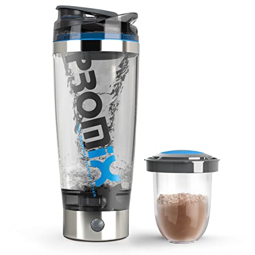 Promixx Pro Shaker Bottle (iX-R Edition) | Rechargeable, Powerful for Smooth Protein Shakes | includes Supplement Storage - BPA Free | 20oz Cup (Silver Blue/Gray)