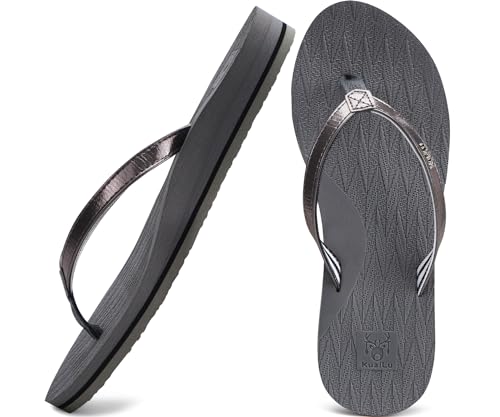 KuaiLu Womens Fashion Flip Flops Ladies Lightweight Summer Beach Yoga Mat Thong Sandals with Comfortable Arch Support Grey Size 7