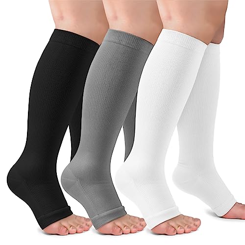 3 Pack Open Toe Compression Socks for Women & Men, Toeless Knee High Stockings for Circulation Support, Black White Gray Small-Medium