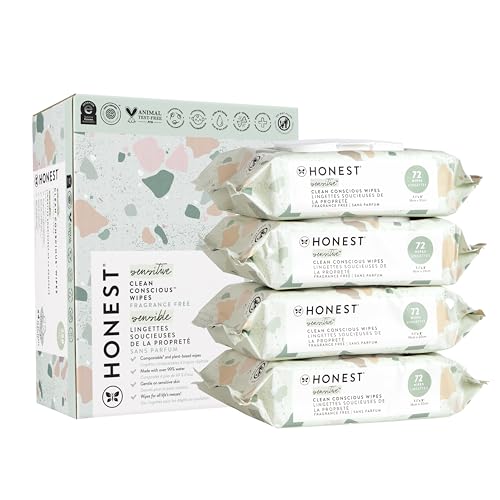 The Honest Company Clean Conscious Unscented Wipes | Over 99% Water, Compostable, Plant-Based, Baby Wipes | Hypoallergenic for Sensitive Skin, EWG Verified | Geo Mood, 288 Count