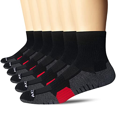 AKOENY Men's Ankle Athletic Cushioned Quarter Socks, Black, Shoe Size 9-12, 6 Pairs