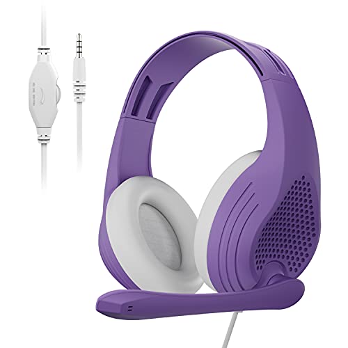 Anivia Computer Noise Cancelling Wired Headphones with Microphone - 3.5mm Purple Headset Gaming Headsets with Mic for Multi-Platform for Kids