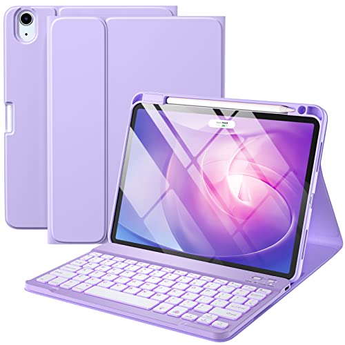 Harvopu iPad Air 5th 4th Generation Case with Keyboard 10.9 Inch, Folio Keyboard Cover with Pencil Holder for iPad Air 5th Gen 2022/Air 4th Gen 2020, Detachable Backlit Keyboard (Purple)