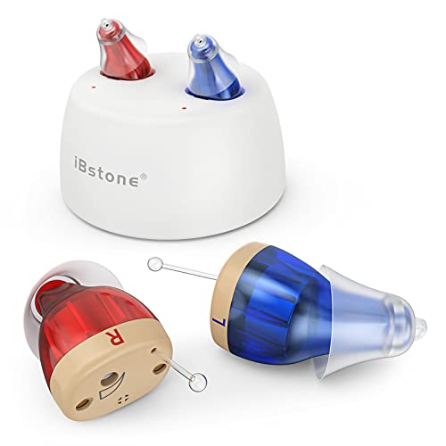 iBstone Rechargeable Hearing Amplifier to Aid Adults Seniors Hearing, Completely-in-Canal (CIC) Mini Digital Hearing Devices for Seniors & Adults, Blue & Red, Pair