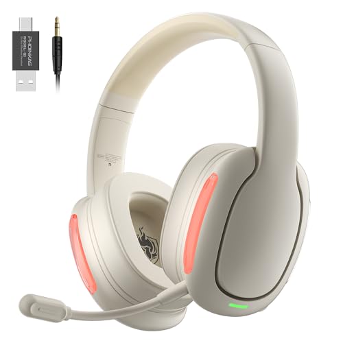 Wireless Gaming Headset, 2.4GHz Wireless Headset for PC, PS4/PS5, Nintendo Switch, LongBattery Up to 30h, 7.1 Surround Sound, Detachable Microphone, 3.5mm Wired Jack for Xbox(White)