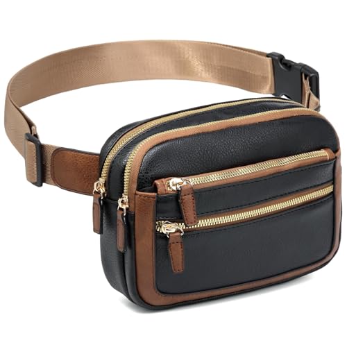 QOECI Leather Fanny Pack for Women Men Belt Bag with Multi-function Pocket, Crossbody Fanny Packs for Women Fashion Waist Packs with Adjustable Straps Cross Body Bag Travel Chest Bag