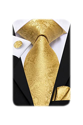 Hi-Tie Mens Gold Paisley Necktie with Handkerchief Cufflinks Set for Wedding