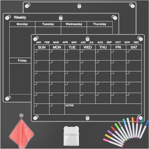 VOGHJA Magnetic Acrylic Calendar for Fridge - 16'x12' 3 Set Planner Board and Weekly Clear Calendar Includes 12 Markers 12 Colors