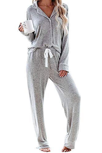Aamikast Women's Two-piece Classic knit Pajama Sets Long Sleeve Button Down Sleepwear (S, Light Gray)