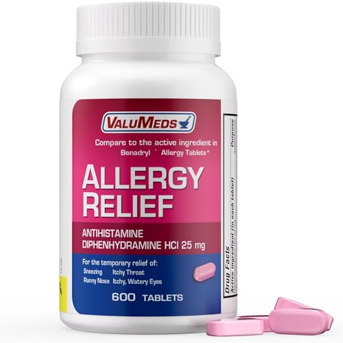 ValuMeds Allergy Medicine Antihistamine, Diphenhydramine HCl 25 mg | Children and Adults | Relieve Itchy Eyes, Runny Nose, Sneezing (25 mg, 600)