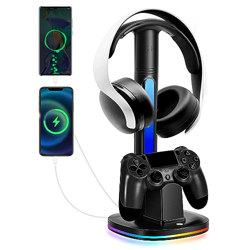 PS4 Controller Charger with RGB Headphone Stand, JDGPOKOO PS4 Controller Charger Dock Station with 2 USB Charging Ports, Headset Stand for Playstation 4 Charging Station, Black