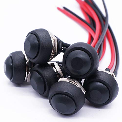 Twidec/6Pcs 12mm Momentary Push Button Switch 1/2' Mounting Hole On Off Mini Round Waterproof Black with Pre-soldered Wires PBS-33B-BK-X