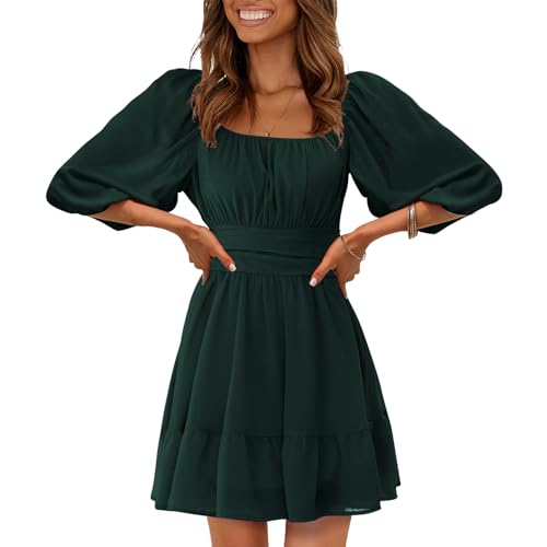 EXLURA Women's Lantern Sleeve Tie Back Casual Dresses Ruffled Off Shoulder A-Line Vintage Mini Dress Dark Green