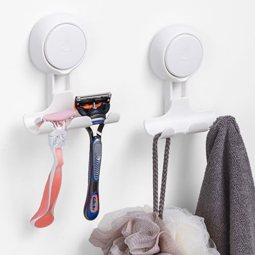 LEVERLOC Razor Holder for Shower 2 Pack, Suction Cup Hooks Powerful Vacuum Suction Hooks Removable and Reusable Shower Razor Hooks for Bathroom & Kitchen Shower Hooks