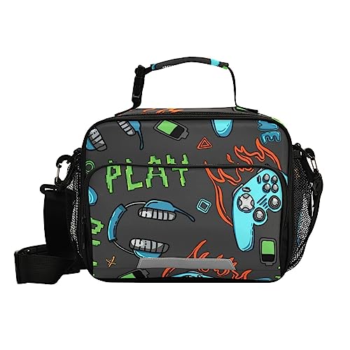 Gamepad Joysticks Headphones Lunch Bag for Women Men Game Theme Insulated Cooler Tote Bag with Adjustable Shoulder Strap Large Capacity Reusable Leakproof Picnic Lunch Box Outdoor for Adult Office