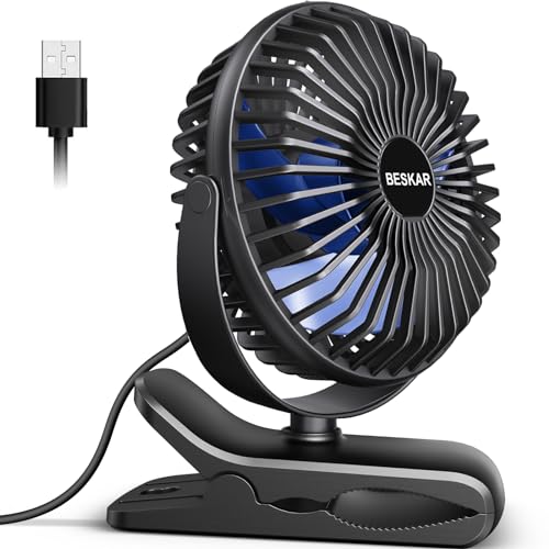 BESKAR USB Clip on Fan, Portable Small Fan with Cord Powered, 3 Speeds Strong Airflow, with Sturdy Clamp, Quiet Personal Desk Fan