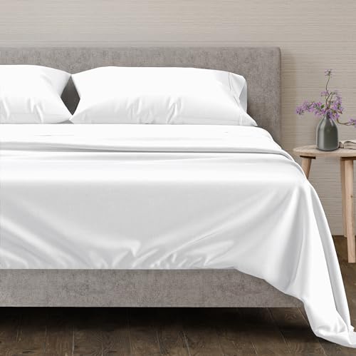 Mayfair Linen 600 TC Egyptian Cotton Sheets Queen Size - Luxury Cooling Bedsheets for Hot Sleepers - Breathable, Sateen Weave, Deep Pocket Fitted - 4 Piece Egyptian Hotel Sheets for Queen Bed (White)