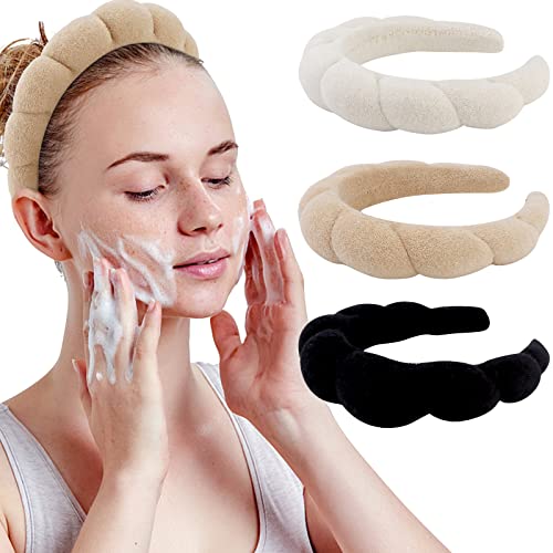 WHAVEL 3 Pack Spa Headband Skincare Headbands, Makeup Headband Sponge Terry Cloth Headbands Face Wash Headband Puffy Hair Band for Washing Face Women Girls (Khaki, Brown, Black)