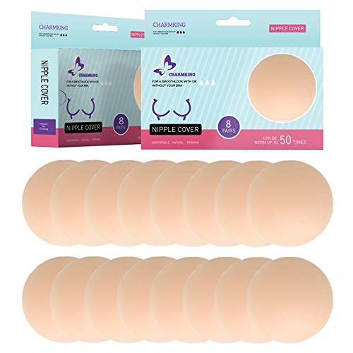 CHARMKING 8 Pairs Pasties Womens Reusable Adhesive Nipple Covers Invisible Round Silicone Cover Concealers, Beige