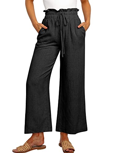 ANRABESS Women's Linen Pants Casual Loose High Waist Drawstring Wide Leg Capri Palazzo Lounge Pants Cropped Trousers Summer Trendy Outfits 2024 Spring Break 939heise-M Black