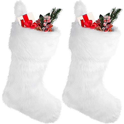 JOVITEC 20 Inch Faux Fur Christmas Stockings Snowy Stocking Xmas Fireplace Hanging Stocking for Holiday Decoration (White, 2 Pieces)
