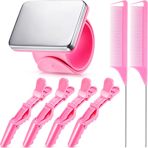 7 Pieces Hair Braiding Tools Magnetic Pin Wristband and 2 Pieces Stainless Steel Pintail Rat Tail Comb with 4 Pieces Wide Teeth Alligator Sectioning Hair Clip for Hair Braid Tool Braid Maker (Pink)