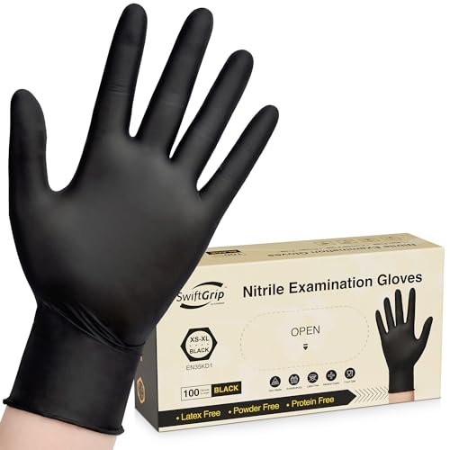 SwiftGrip Disposable Nitrile Exam Gloves, 3-mil, Black Nitrile Gloves Disposable Latex Free for Medical, Cooking & Esthetician, Food-Safe Rubber Gloves, Powder Free, Non-Sterile, 100-ct Box (Medium)