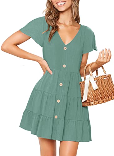MITILLY Women's Summer Short Sleeve V Neck Button Down Casual Tunic Dress with Pockets X-Large Sage