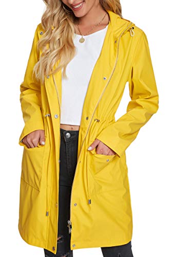 Fahsyee Women Raincoat, Yellow Waterproof Lightweight Hooded Rain Jacket Lined Slim Windproof Ladies Trench Plus Size M