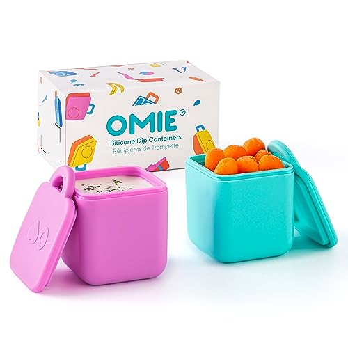 OmieBox (2 pack) Leakproof Dips Containers To Go, Salad Dressing Container, Condiment Container with Lids - Food Safe Silicone - 4 ounces (Pink/Teal)