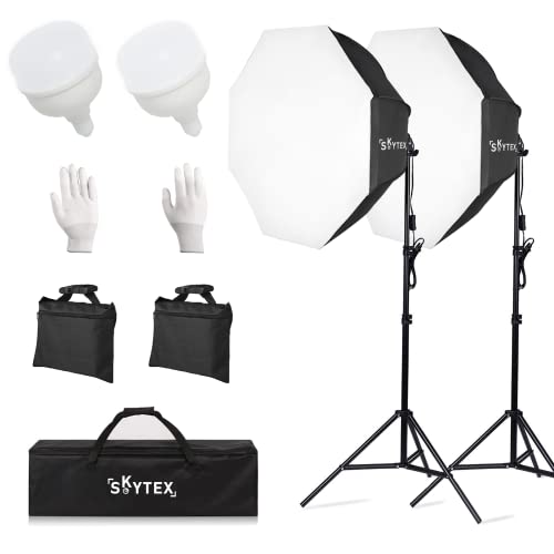 Octa Softbox Lighting Kit, Skytex Upgrade Continuous Photography Lighting Kit with sandbags, 28In Diameter Octa Soft Box | 135W 5500K LED Bulb, Studio Lights for Photo Shooting, Video Recording