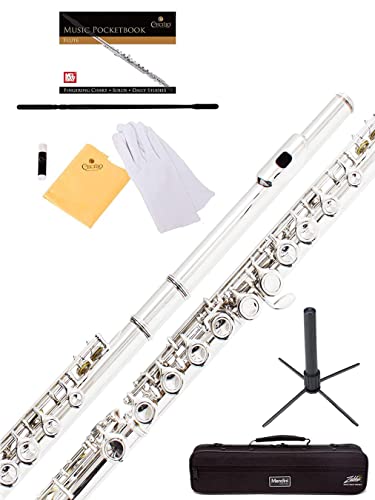 Mendini By Cecilio Flutes - Closed Hole C Flute For Beginners, 16-Key Flute with a Case, Stand, Lesson Book, and Cleaning Kit, Musical Instrument for Kids, Nickel Plated, Children's Day Gift